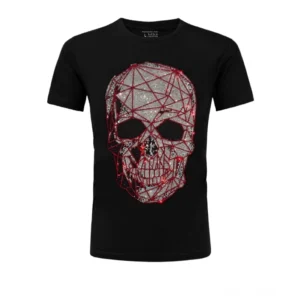 Schwarzes geometrisches Totenkopf-Strass-Gothic-T-Shirt Frontansicht, Darkwave-Design mit roten und silbernen Kristall-Applikationen, Studio-Flat-Lay