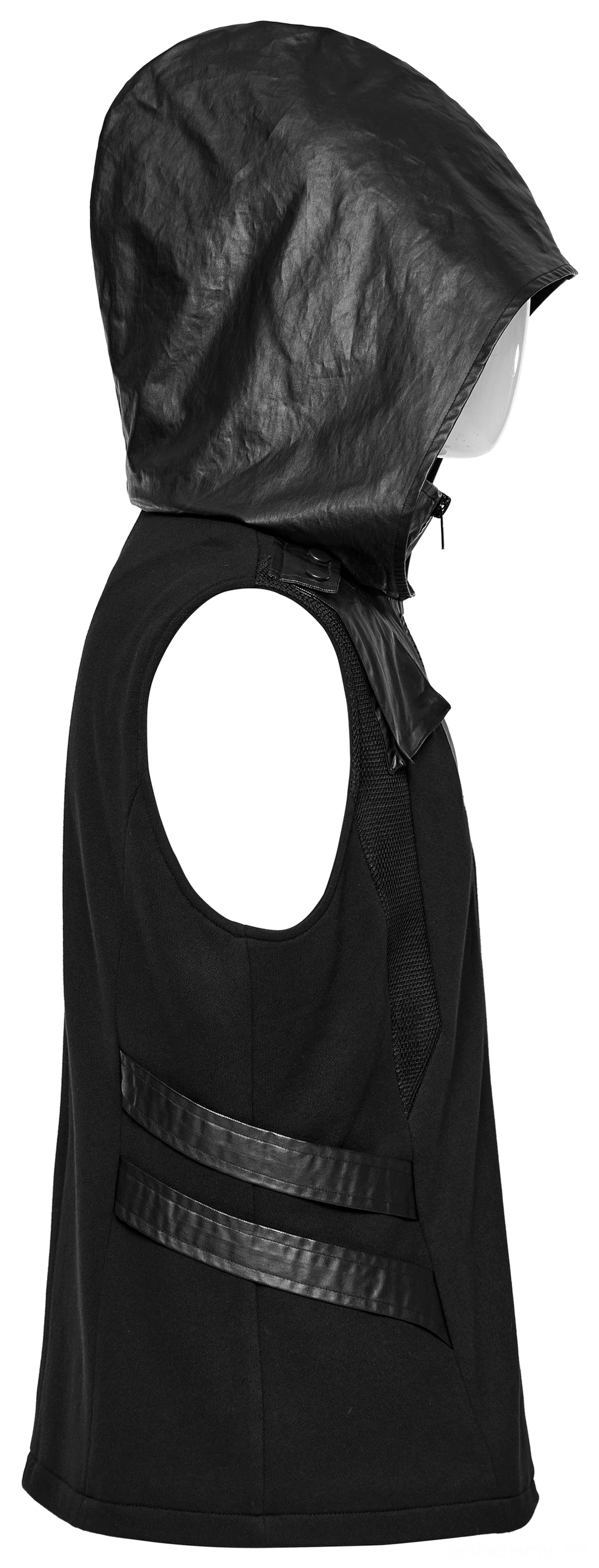 Seitenprofil des schwarzen gotischen ärmellosen Kapuzensweatshirts, zeigt Lederhoodtrim und ärmellosen Schnitt