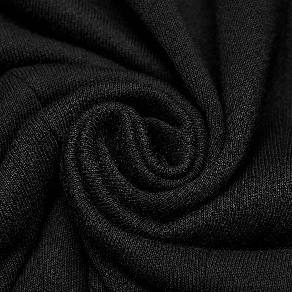 Schwarzes gothisches ärmelloses Kapuzensweatshirt mit Lederakzenten Flachlage-Aufnahme zeigt Gesamtkonstruktion und Designelemente