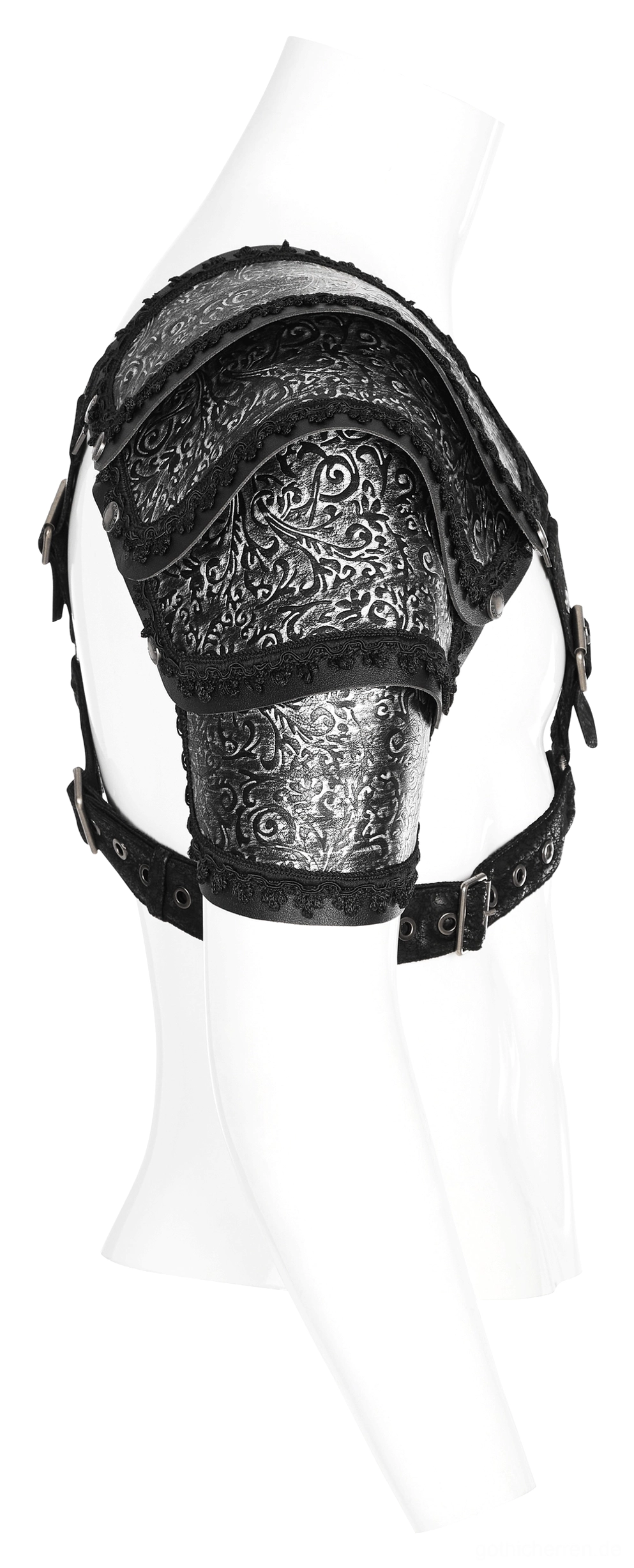 Seitenprofil Gothic Schulter-Armor mit geprägtem Scroll-Muster und verwittertem Vintage-Embossing Detail