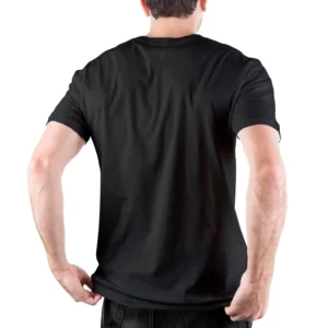 Solid schwarze Rückansicht Gothic Bassgitarren Shirt auf männlichem Model einfaches Baumwoll-Breitgewebe ohne Print