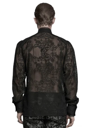 Rückansicht des schwarzen Gothic Chiffon Hemds mit aufwendiger floraler Stickerei am gesamten Rücken und geschuppten Spitzenbündchen