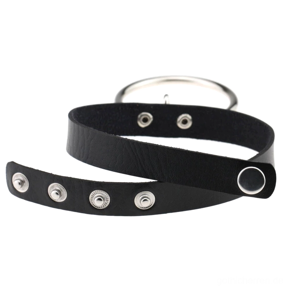 Schwarzes Gothic Choker Seitenprofil zeigt doppellagiges Leder-Riemen-Design und silberne Metallhardware Konstruktion, verstellbare Druckknöpfe, Industrial Gothic Schmuck Detail