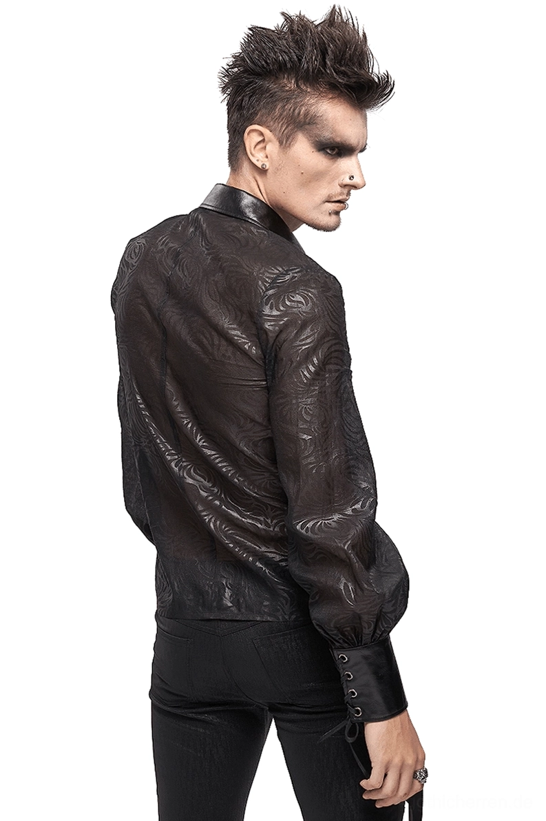 Gotisches schwarzes durchsichtiges Jacquard-Hemd mit Schnürverschluss-Manschetten – Rückansicht im Studio zeigend transparentes Mesh und Lederdetails in Alternative-Fashion-Styling