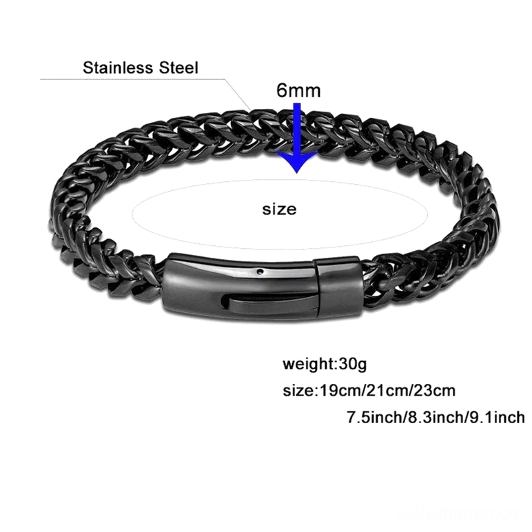 Schwarzes Gothic Herren Edelstahl Armband – Overhead-Ansicht mit Größenführer (19/21/23 cm), 6mm Kettenbreite und Größenoptionen