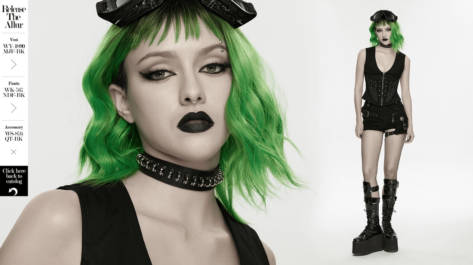 Detailproduktfotografie schwarzes Lederhalsband mit Silberring-Gliedern und Druckknopf-Verschlussingeniering in Nahaufnahme