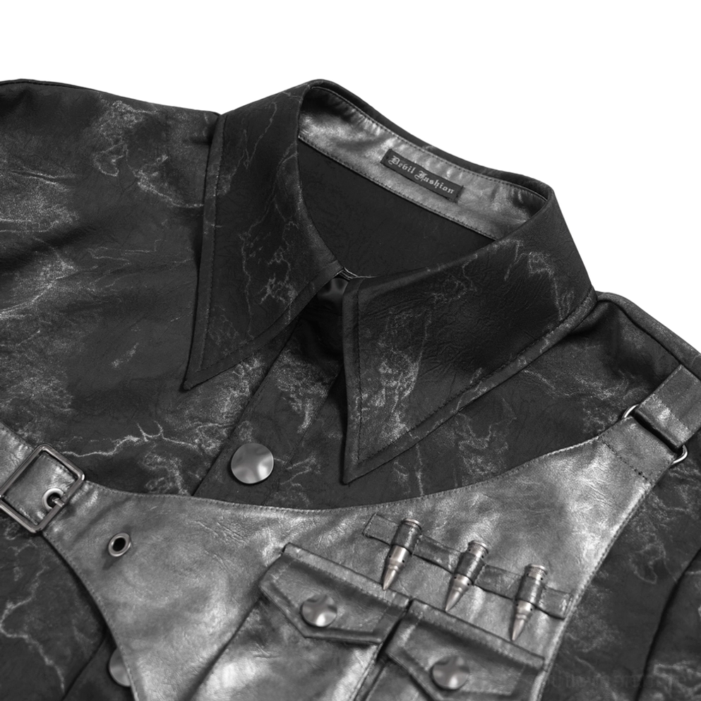 Nahaufnahme-Detail des PU-Leder Harness mit metallischen runden Knöpfen und marmorierter schwarzer Stofftextur