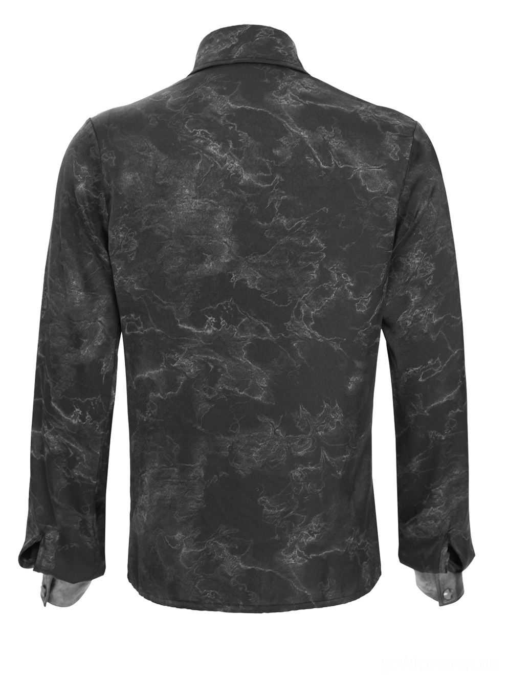 Rückseite Vollansicht der Schaufensterpuppe im schwarzen Gothic Harness Button-Up Hemd mit marmoriertem Stofffinish