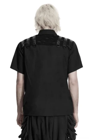 Schwarzes gotisches Harness Shirt Rückansicht mit D-Ring Schultergurten und detailliertem Rücken-Harness-System