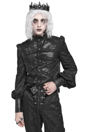 Gothic-Hemd mit schwarzem Brokatmuster Frontansicht Modell mit Krone elegantes viktorianisches Herrenhemd mit Lederpaneelen