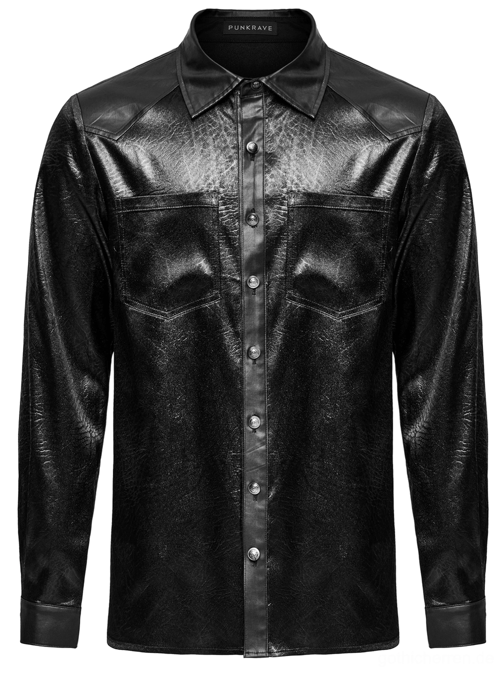 Schwarzes Crinkle-Leder Gothic Hemd Flat Lay Vorderansicht mit Brustraschen metallischem Lochnieten und Point Collar Detail auf strukturierter Oberfläche