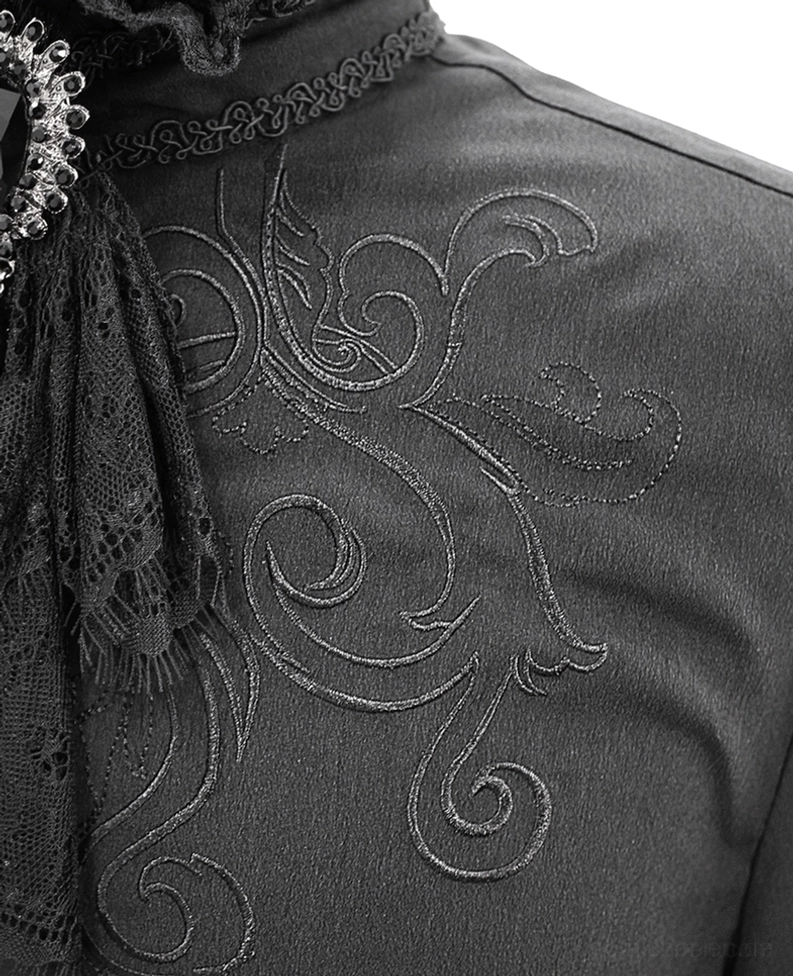 Schwarzes Gothic Hemd Brustverzierungsdetail Nahaufnahme geschwungene Stickerei und Spitzenschleife