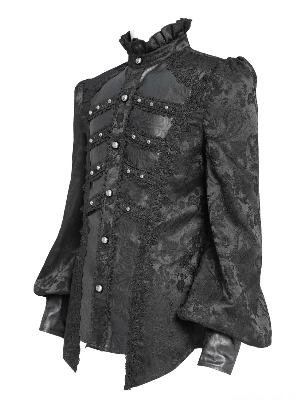 Gothic-Hemd Dreivierteleansicht asymmetrischer Saum Spitzenbesatz schwarzes Jacquard-Webmuster viktorianisch