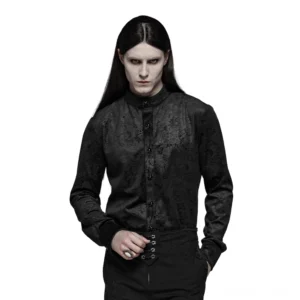 Schwarzes Gothic Hemd mit Edelstein-Knöpfen und Paisley-Jacquard Muster, Vorderansicht auf männlichem Model mit feinem Schnitt