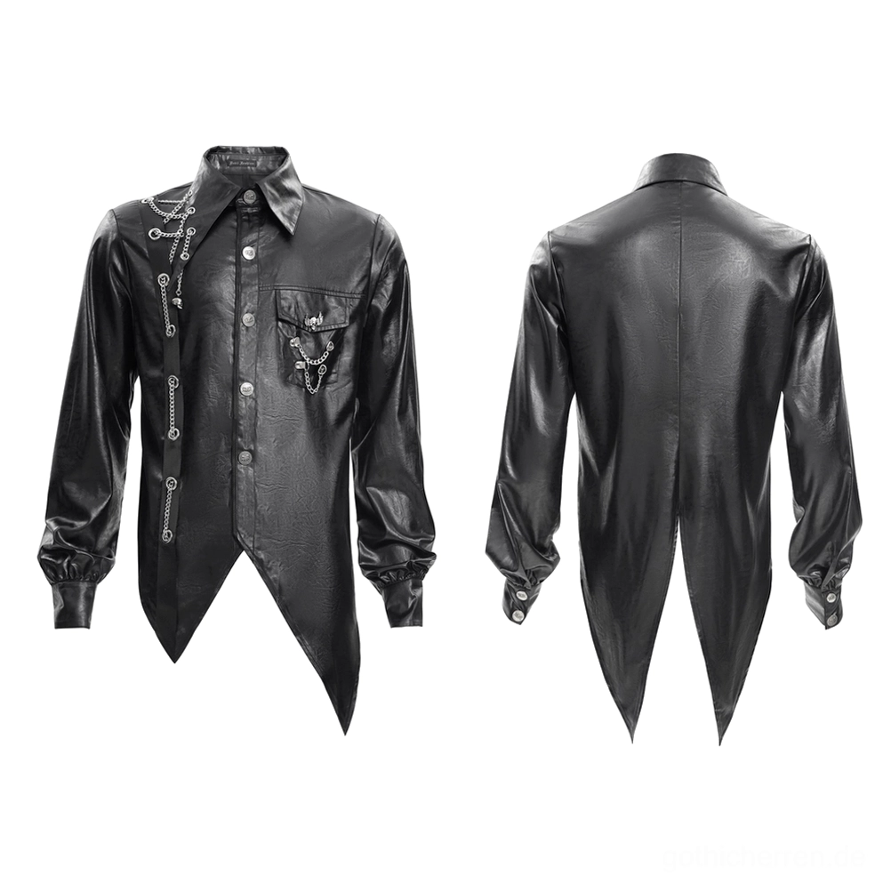 Flache Ansicht des schwarzen Gothic-Kunstleder-Hemdes zeigt Front- und Rückseite mit Kettenverzierungen und asymmetrischem Design