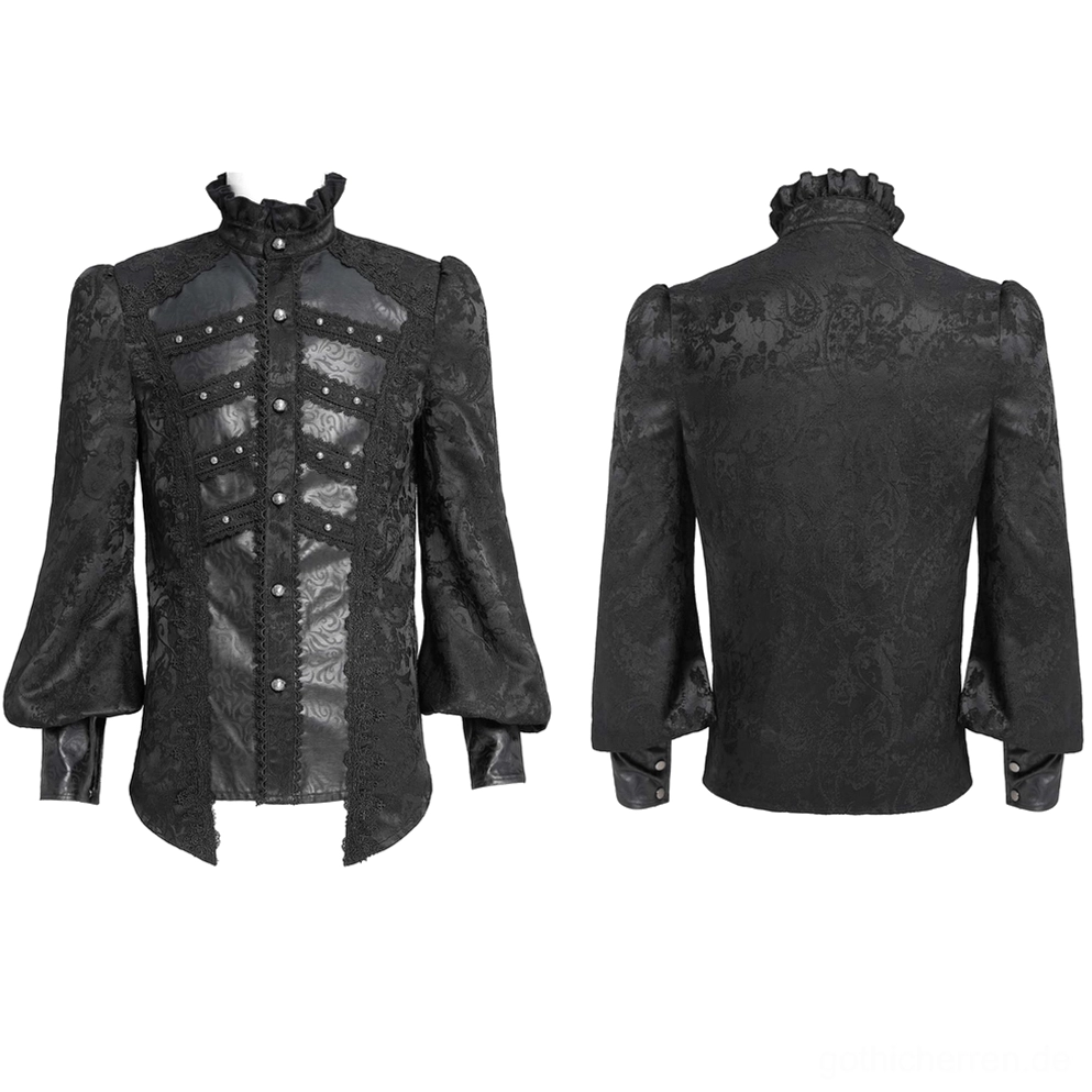 Gothic-Hemd Flat-Lay Ansicht Lederpaneele Bischofärmel Spitzenbesatz schwarzer Stoff Draufsicht Details