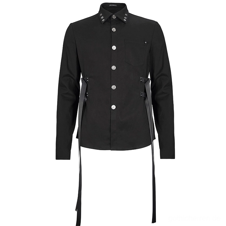 Schwarzes Gothic Langarmhemd Flat Lay Vorderansicht Knopfverschluss und Brusttaschendetail