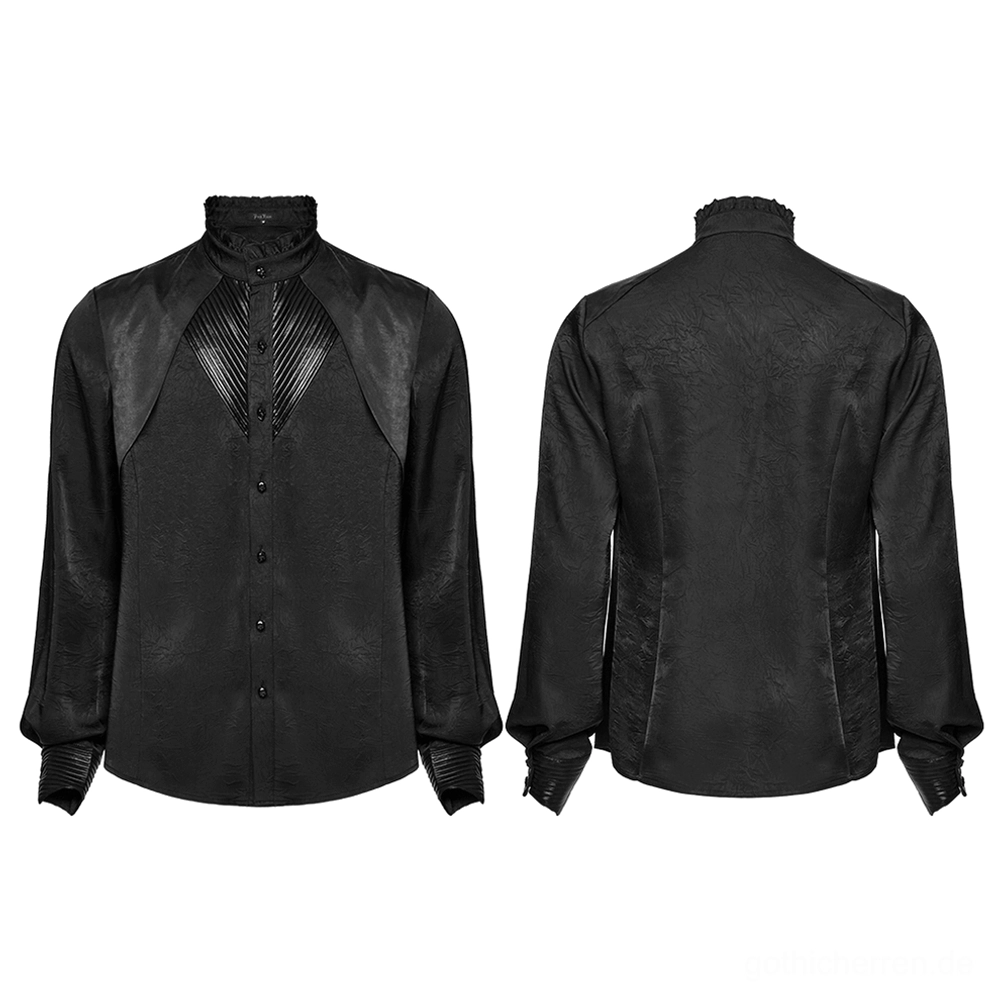 Schwarzes plissiertes Gothic Hemd Flachlage mit Vorder- und Rückansicht zeigt Knopfleiste mit Schädelknöpfen und glänzende Brustpaneele