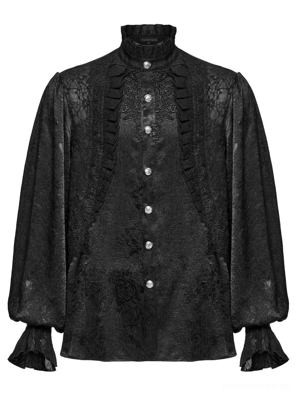 Detailaufnahme der Vorderseite des schwarzen viktorianischen Gothic-Hemdes mit Rüschenkragen, Spitzeneinfassung, gravierten Metallknöpfen und strukturiertem Jacquard-Gewebe