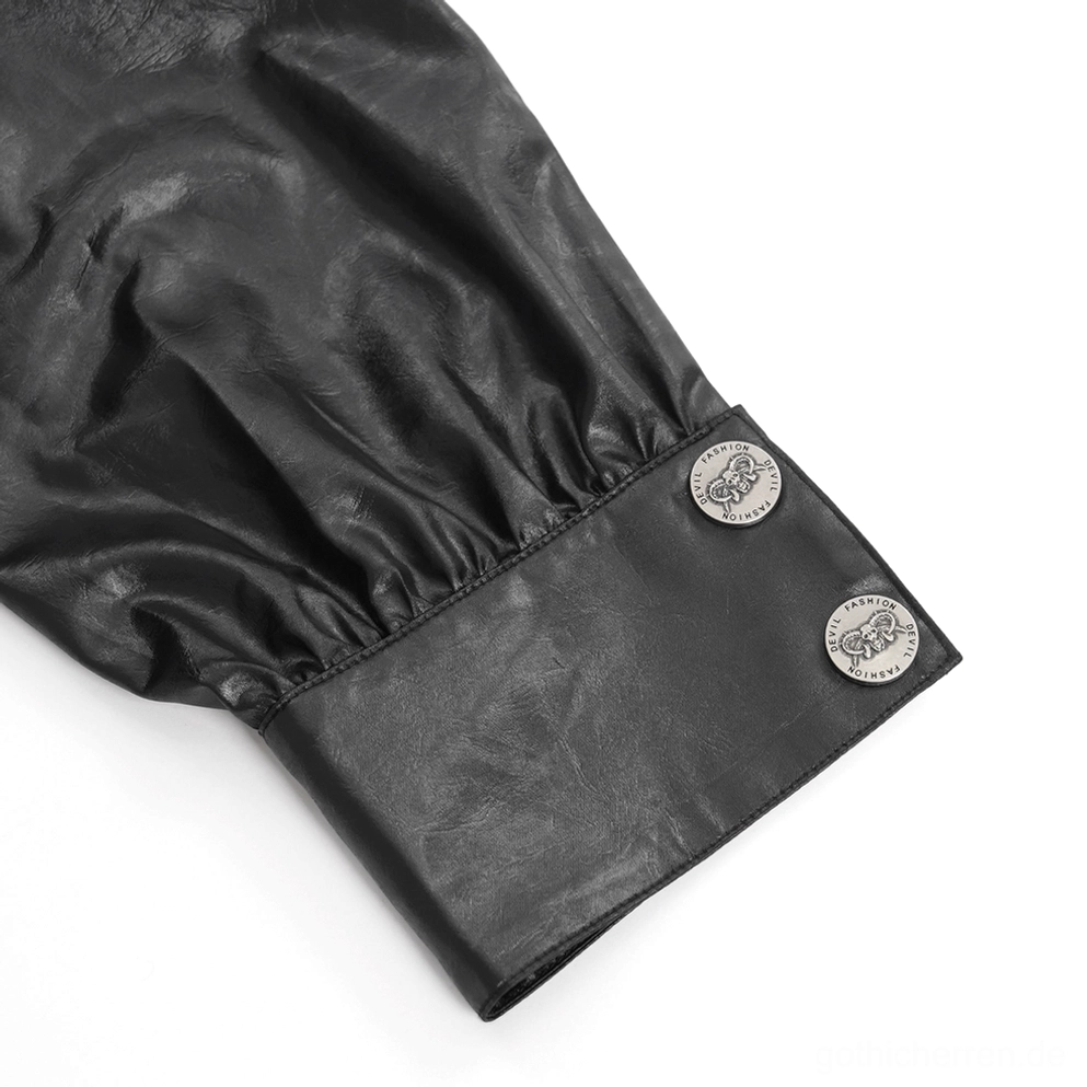 Dekorative Kettenverzierung auf schwarzem Gothic-Kunstleder-Hemd mit D-Ring-Metallhardware und asymmetrischem Design