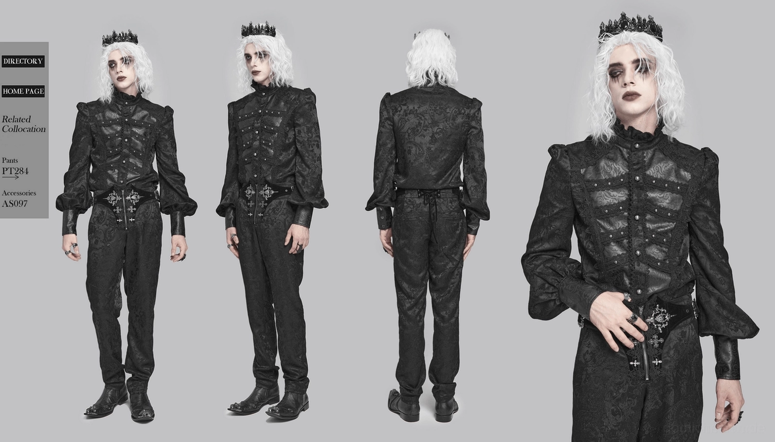 Gothic-Hemd Komplettansicht alle Designelemente schwarzes Brokatgewebe Ledertrim Rüschen Herrenhemd Gesamtkunstwerk