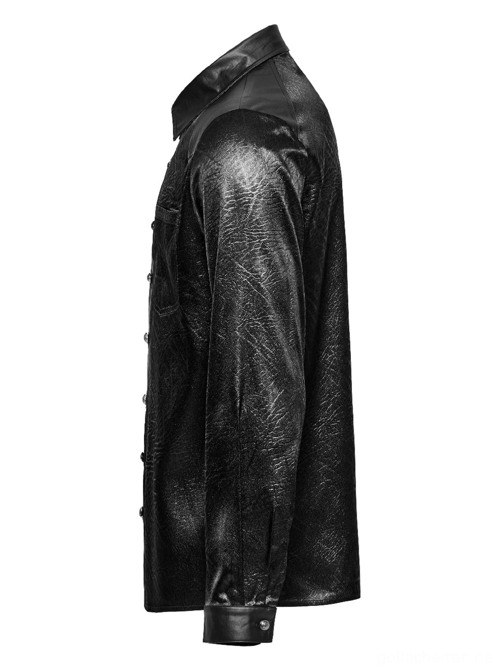 Schwarzes Gothic Hemd Seitenansicht Flat Lay zeigt lange verstellbare Manschetten taillierten Seitennaht und gerillte Crinkle-Leder-Textur des Materials