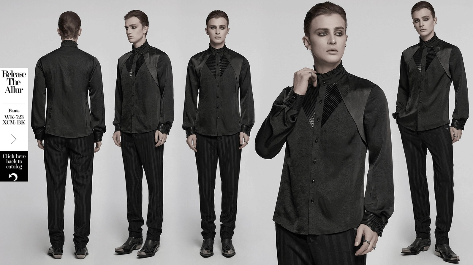 Schwarzes plissiertes Gothic Hemd männliches Modell Frontansicht mit gewelltem Stehkragen und Brustdetail mit gotischem Make-up