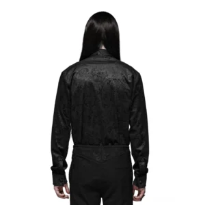 Elegantes schwarzes Gothic Hemd mit ornamentaler Krallenfassung Edelstein-Knöpfe und feiner Paisley-Jacquard Webtechnik, Rückansicht