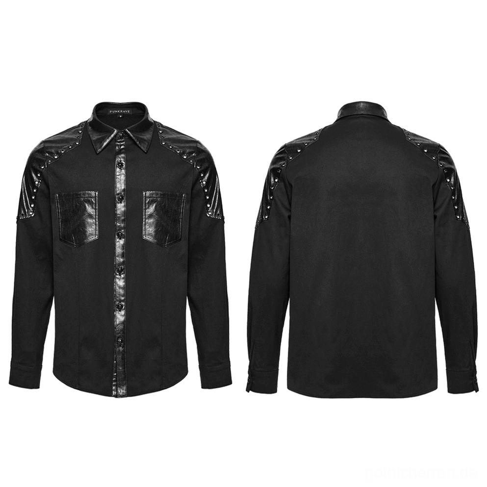 Schwarzes gothic twill hemd mit kunstleder-panzereschultern und nieten, flachlegeansicht mit vorder- und rückansicht und doppelten kunstlederbrusttaschen
