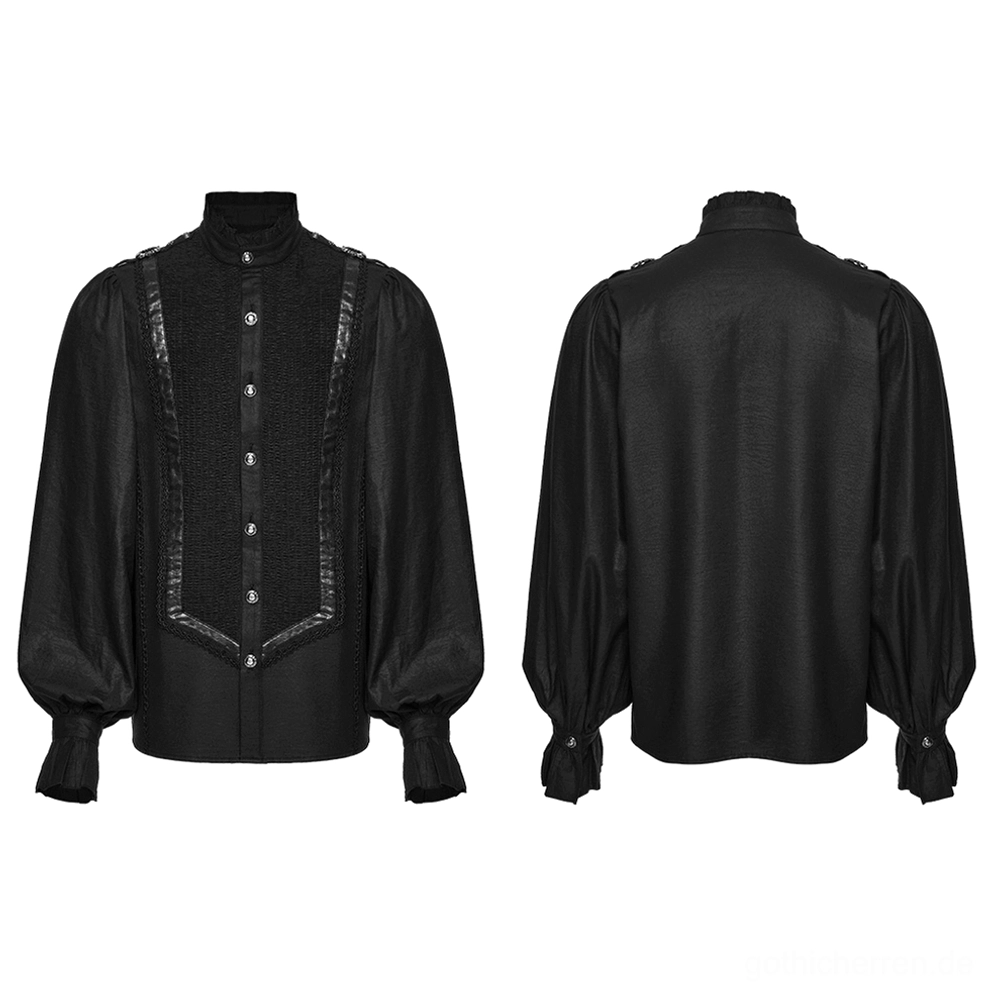Schwarzes Gothic Hemd mit Plisseekragen - Flatlays Vorder- und Rückansicht zeigen Leder-Trimmung und dekorative Plissierungen