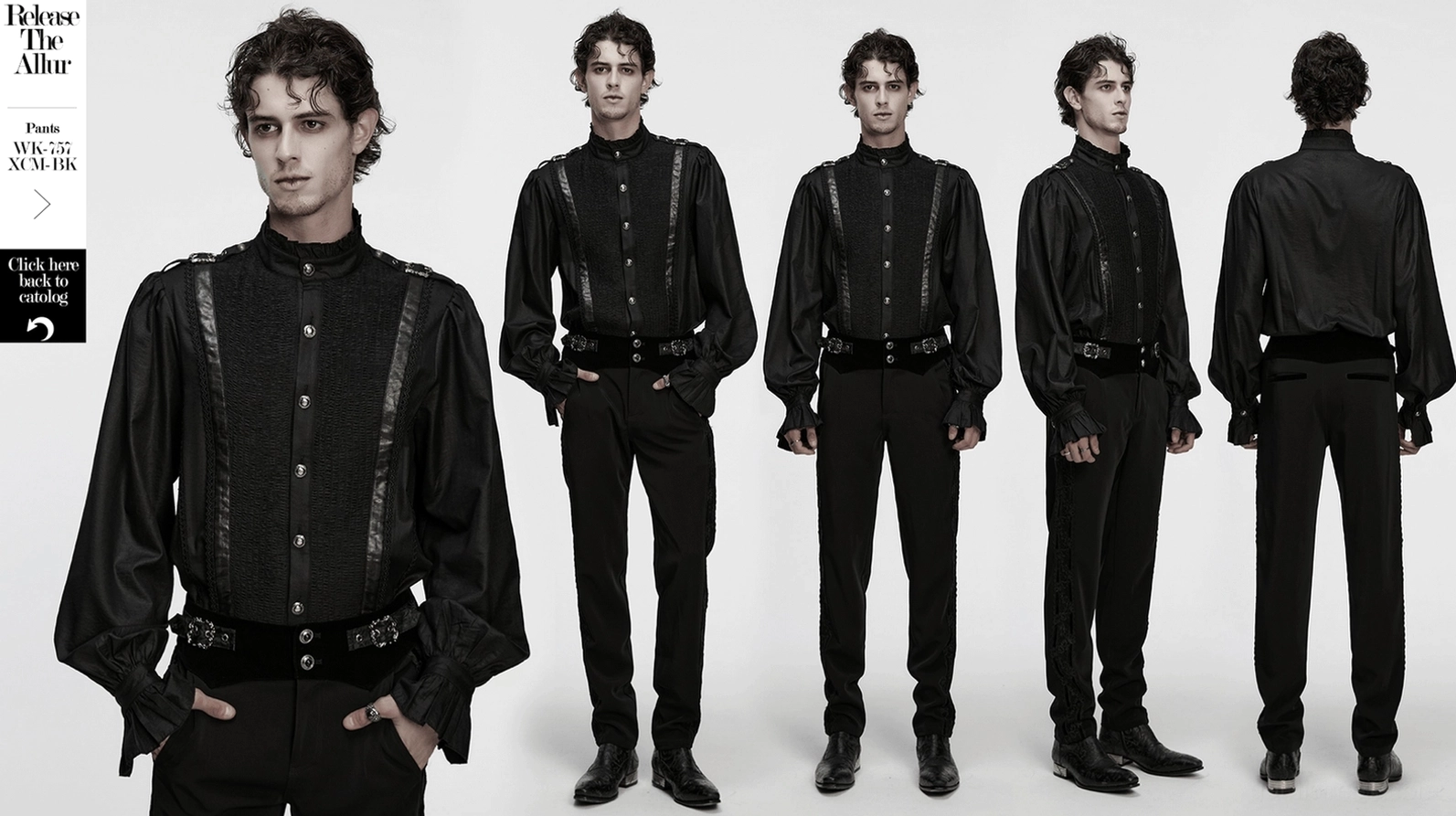 Schwarzes Gothic Hemd mit Plisseekragen - Umfassende Produktansicht zeigt Passform und architektonische Design-Elemente des Dark Fashion Pieces