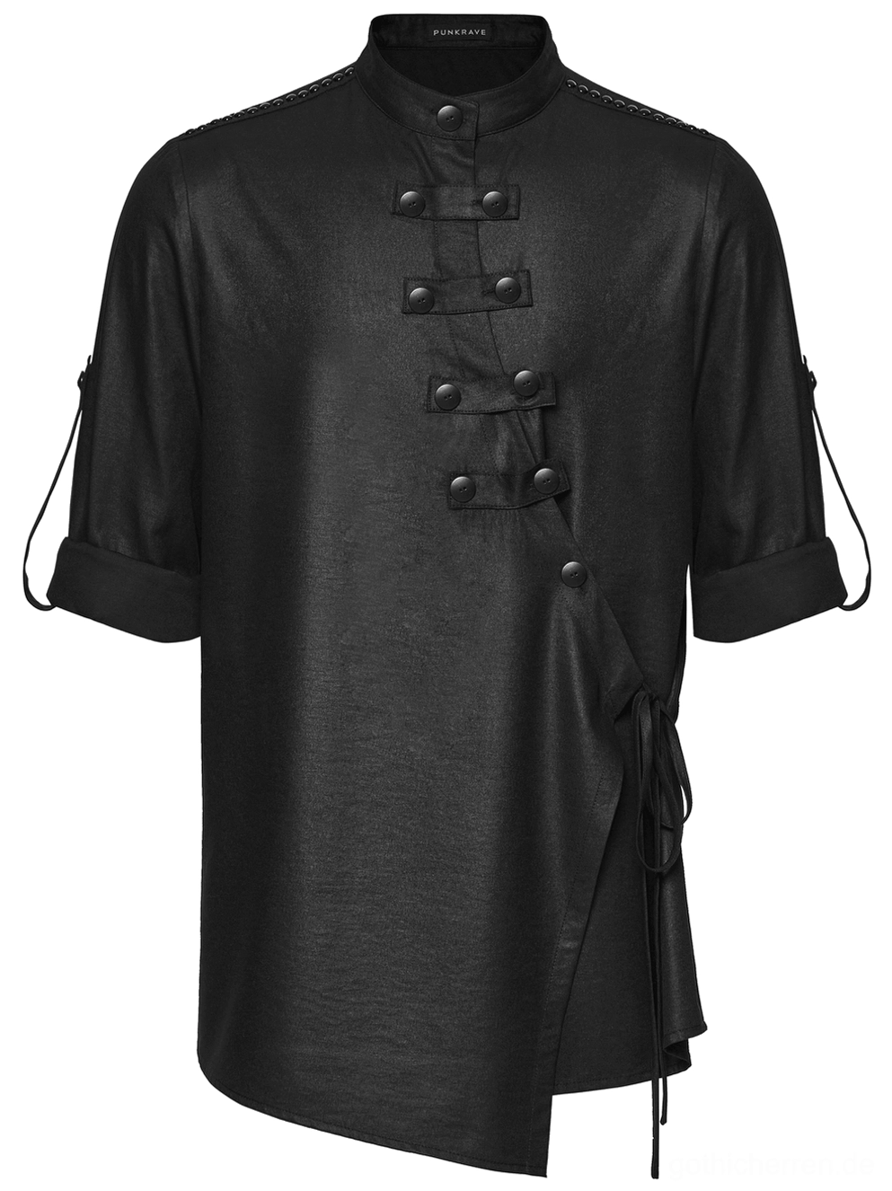 Schwarzes Gothic Hemd mit hochgerollten Drei-Viertel-Ärmeln und verstellbarer Seitenzugschnur-Details in Flachlage Vorderansicht