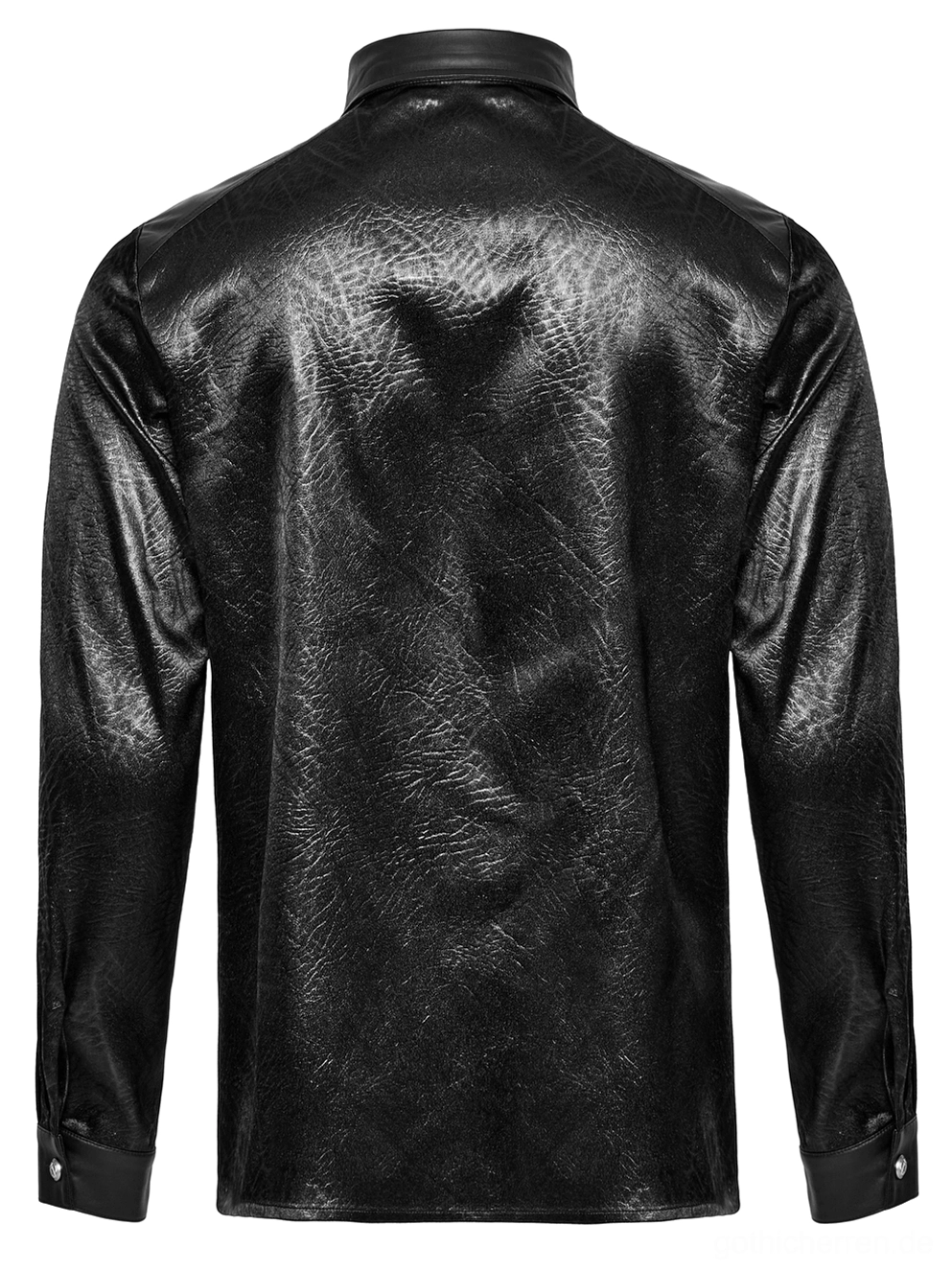 Schwarzes Faux-Leder Gothic Hemd Flat Lay Rückansicht zeigt Rückennaht-Konstruktion taillierte Silhouette und gerillte Oberflächenfinish des Hemdes