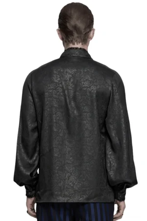 Rückansicht des schwarzen Gothic Hemds mit Bischofärmeln und durchgehendem dunklem Rosen-Jacquard-Muster mit Spitzendetails
