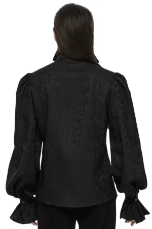 Schwarzes Gothic Stehkragen Hemd Rückansicht auf männlichem Model mit Jacquard-Webstruktur und strukturiertem Schnitt