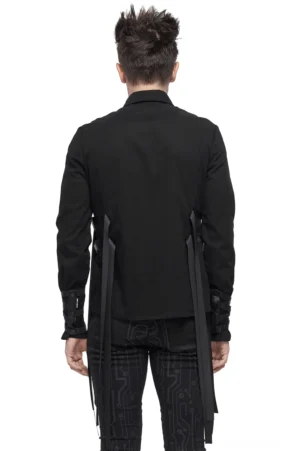 Schwarzes Gothic Punk Langarmhemd Rückansicht mit verlängerten Nylon-Riemen und Schnallenverschlüssen