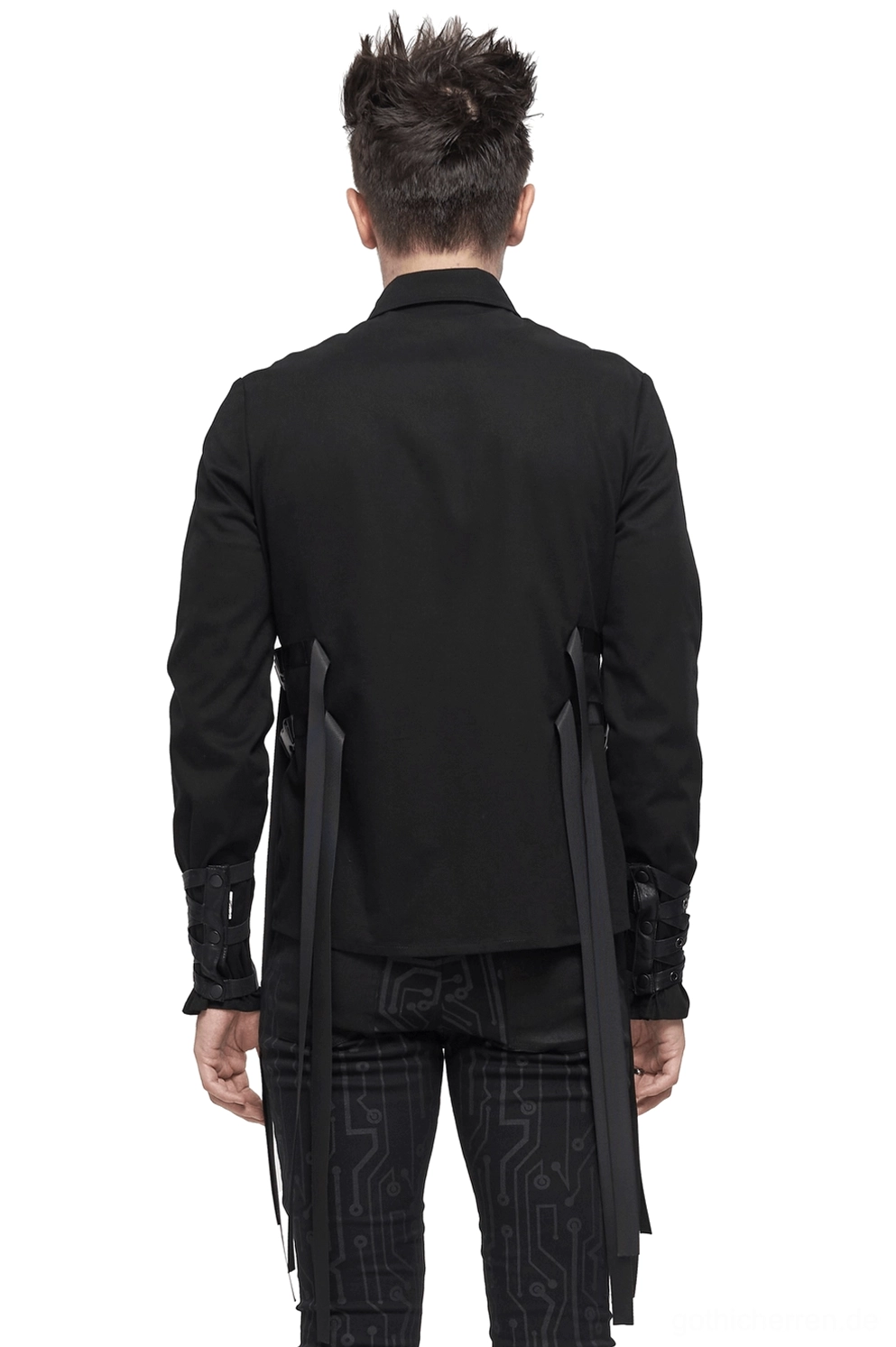 Schwarzes Gothic Punk Langarmhemd Rückansicht mit verlängerten Nylon-Riemen und Schnallenverschlüssen