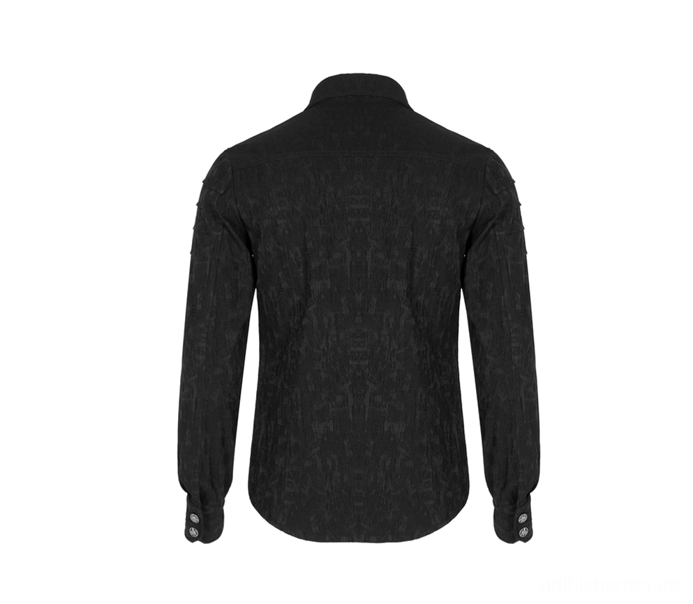 Schwarzes Gothic langes Jacquard Hemd - Rückansicht Flat-Lay-Anzeige zeigt taillierten Rückenschnitt und verstärkte Manschettenknöpfe