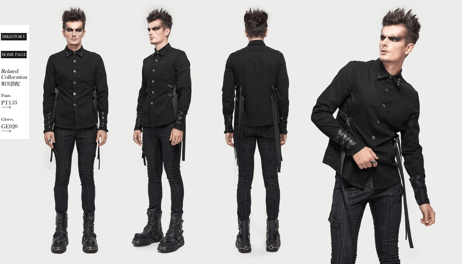 Schwarzes Gothic Punk Langarmhemd Rücken verlängerte Nylon-Riemen Design Feature