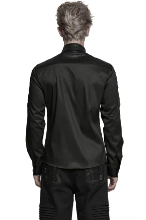 Schwarzes Gothic-Designhemd Rückenansicht, zeigt sauberes Rückenpanel mit fitted Silhouette und Knopfmanschetten
