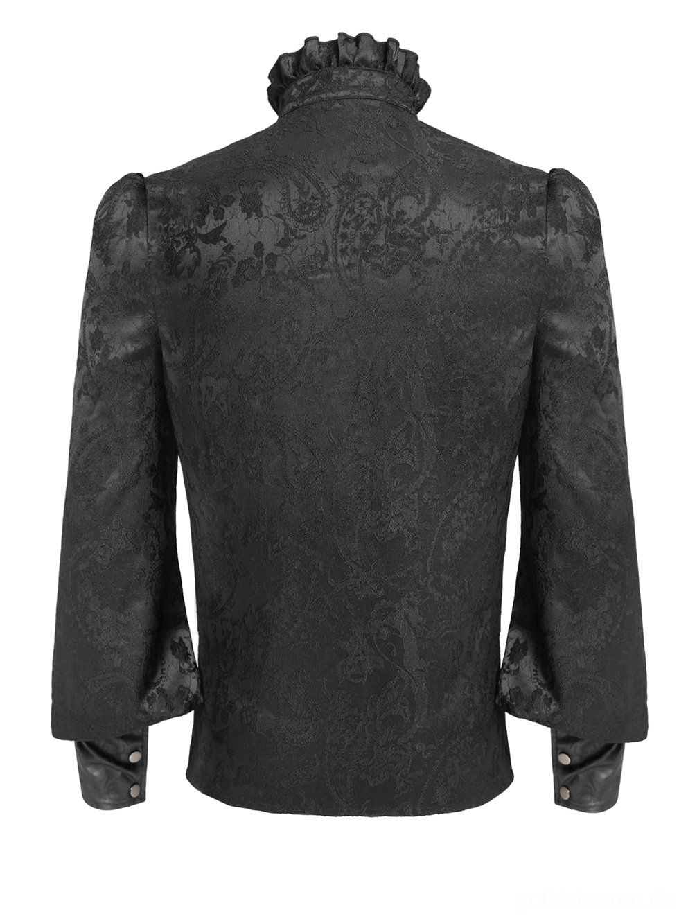 Gothic-Hemd Rückseite Flat-Lay Paisley-Jacquard Muster Manschettenknöpfe schwarzes Herrenhemd Textur