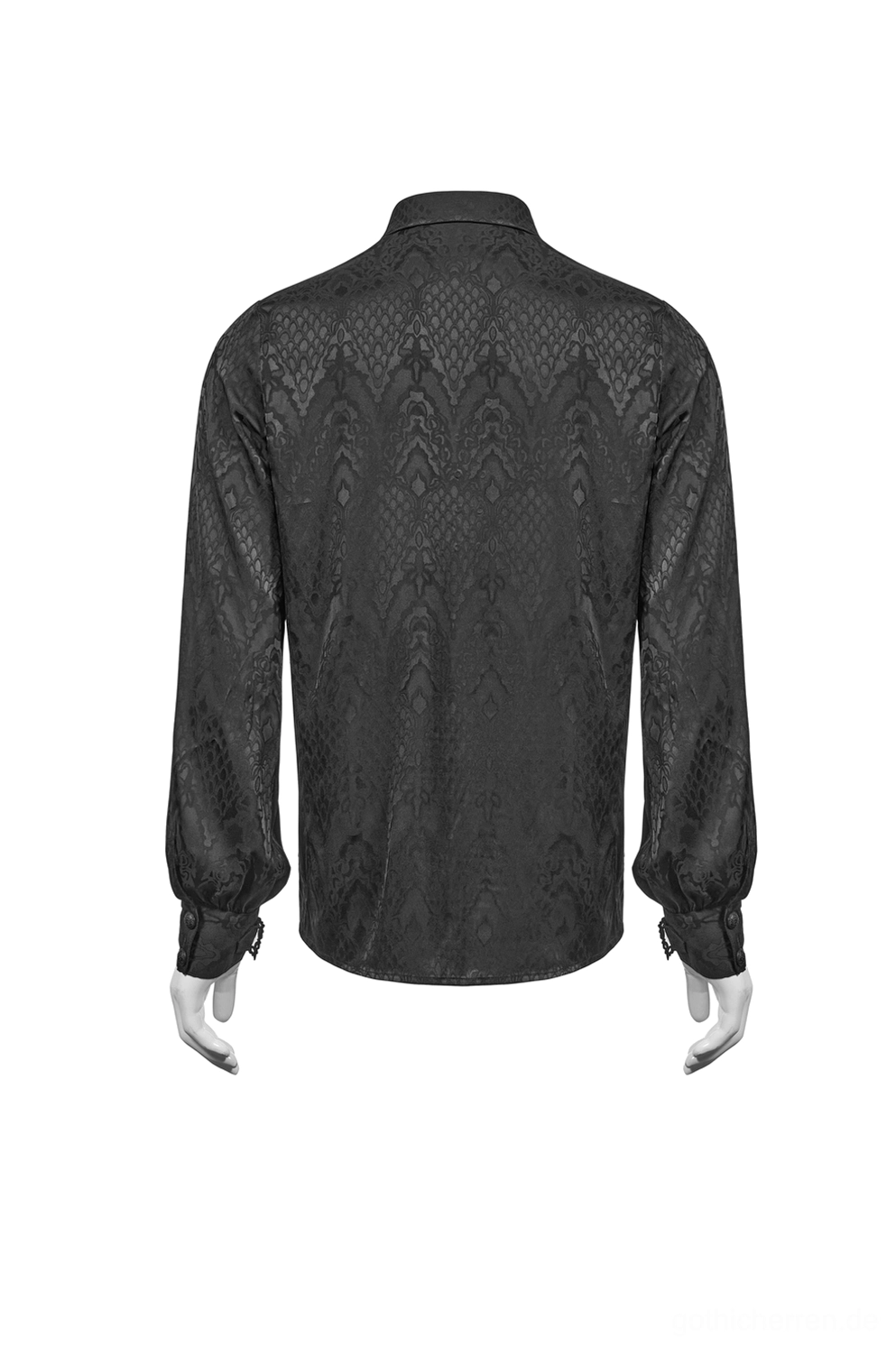 Schwarzes Gothic-Hemd Rückseite Detail – sauberer Saum und Knopfmanschetten mit Jacquard-Gewebe