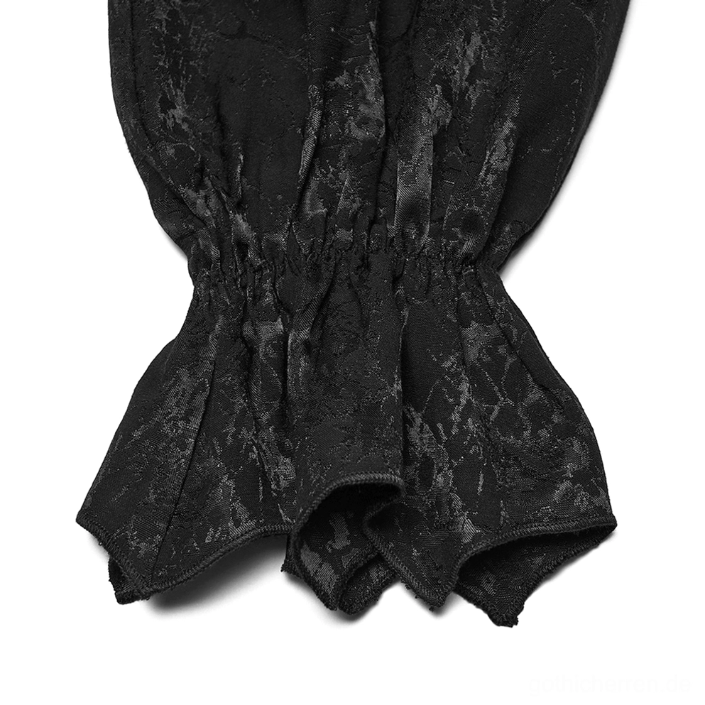 Schwarzes Gothic Hemd elastische gerüschte Manschette Nahaufnahme, verfeinerte Rüschen-Design-Details, elastisches Bündchen, Ärmelende-Konstruktion, Jacquard-Webtextur Nahaufnahme