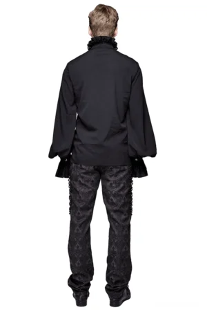 Gothic Herrenheft Rückenseite auf männlichem Modell mit gemusterten Gothic Hosen gesamte Länge