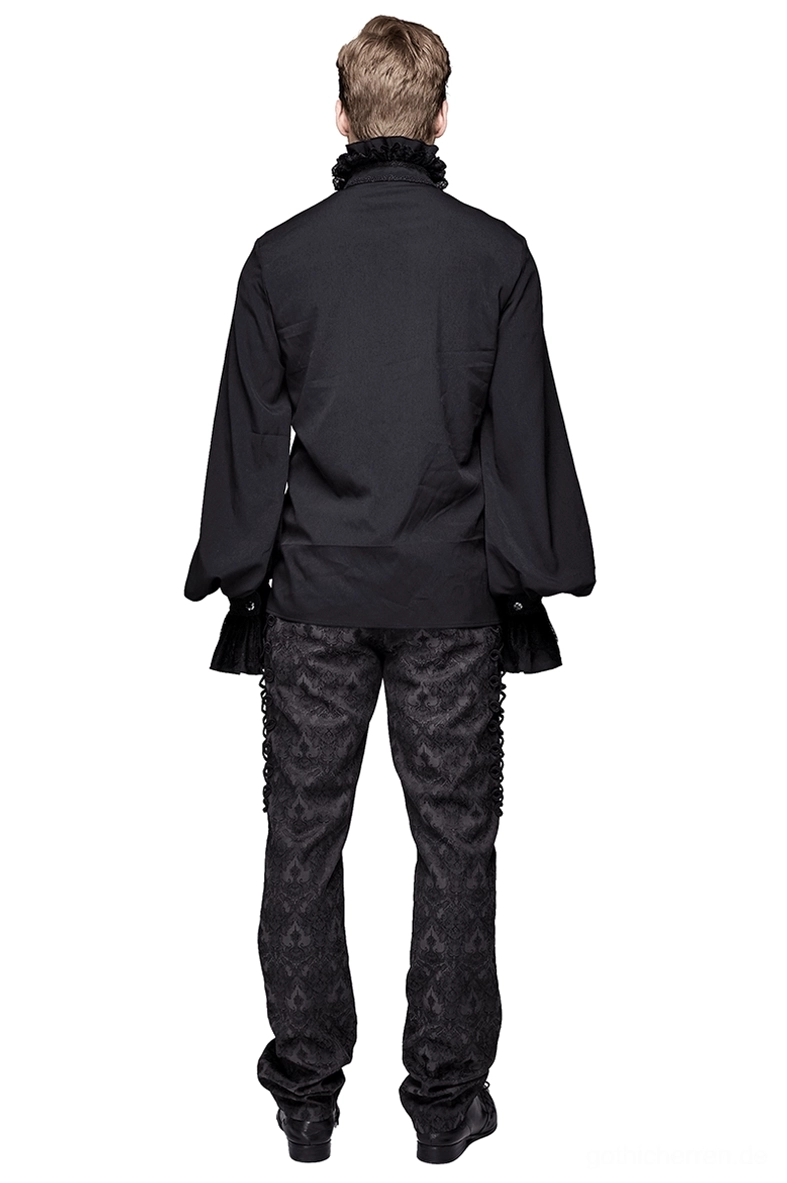 Gothic Herrenheft Rückenseite auf männlichem Modell mit gemusterten Gothic Hosen gesamte Länge