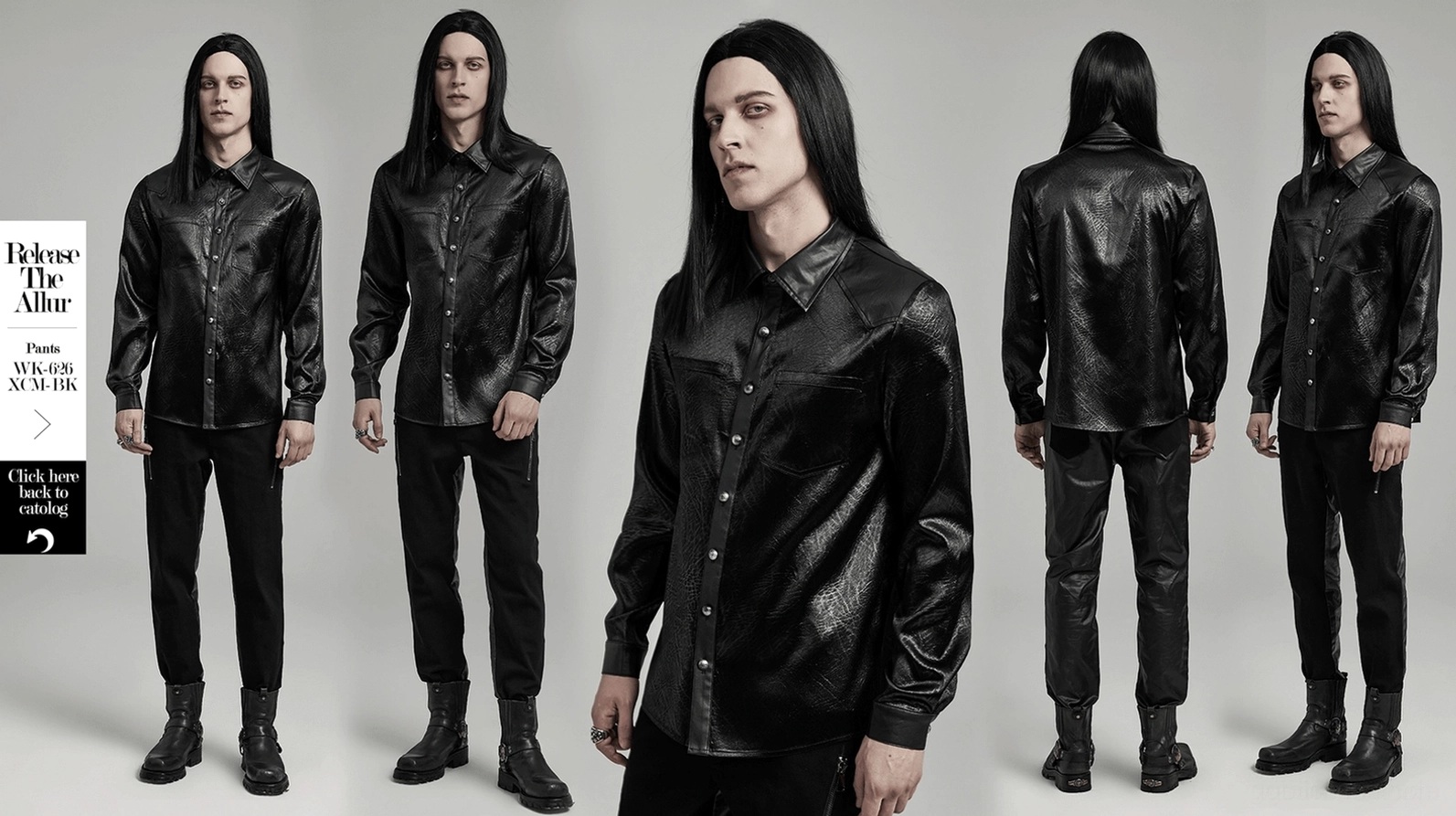 Schwarzes Crinkle-Leder Gothic Hemd Schulter-Splice vollständige Produktpräsentation mit Größendiagramm Reference und Maßstabsvergleich für Käufer