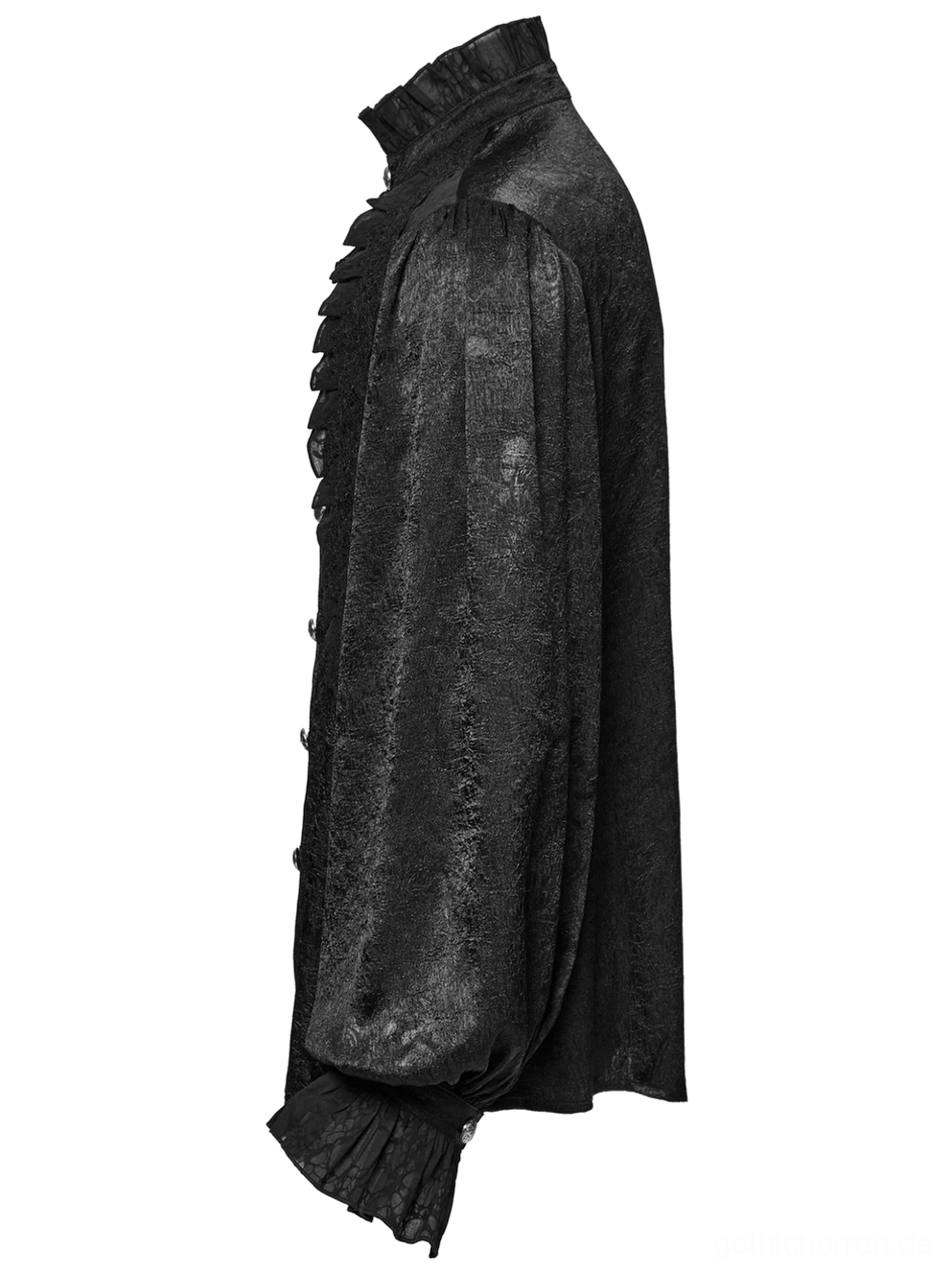 Seitenprofilansicht des schwarzen viktorianischen Gothic-Hemdes mit strukturierter Laternenmanche, Rüschenkragen und glänzendem Jacquard-Textilmuster