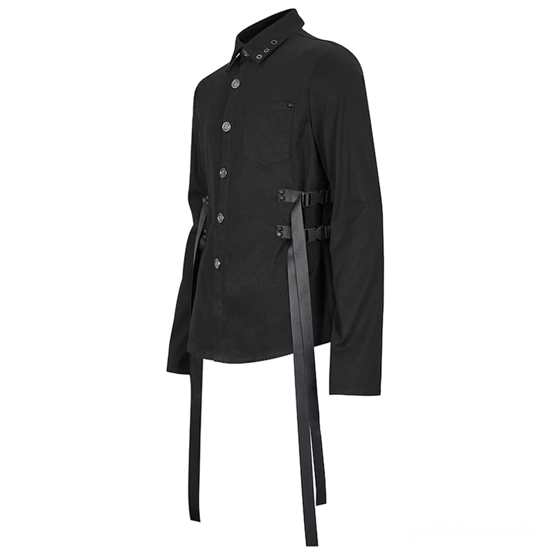 Schwarzes Gothic Hemd Angewinkelte Seitenansicht mit seitlichen Nylon-Webbing-Riemen Schnallenverschlüssen