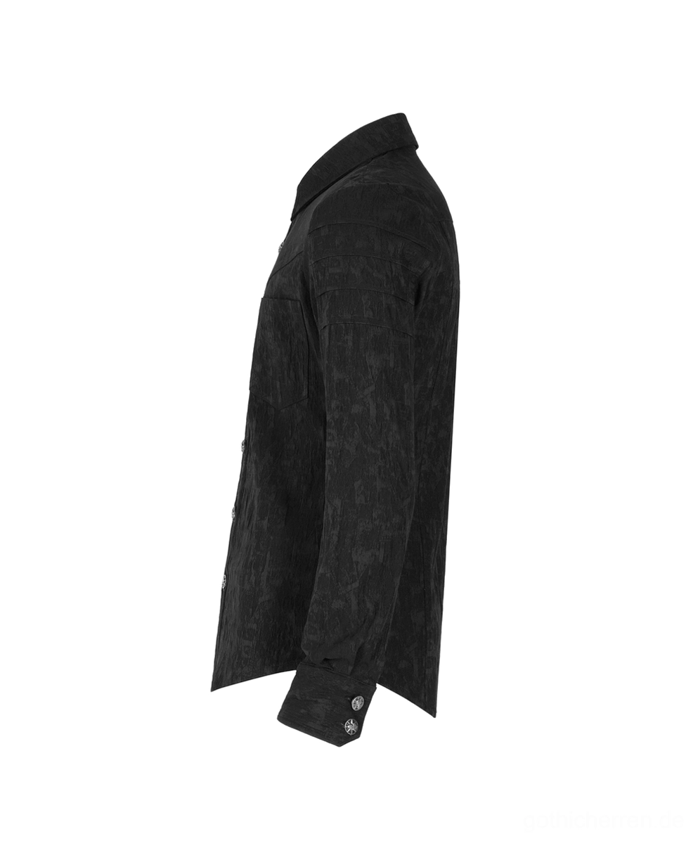 Schwarzes Gothic langes Jacquard Hemd - Seitenprofil zeigt angepasste Ärmel und verstellbare Manschetten-Verschlüsse