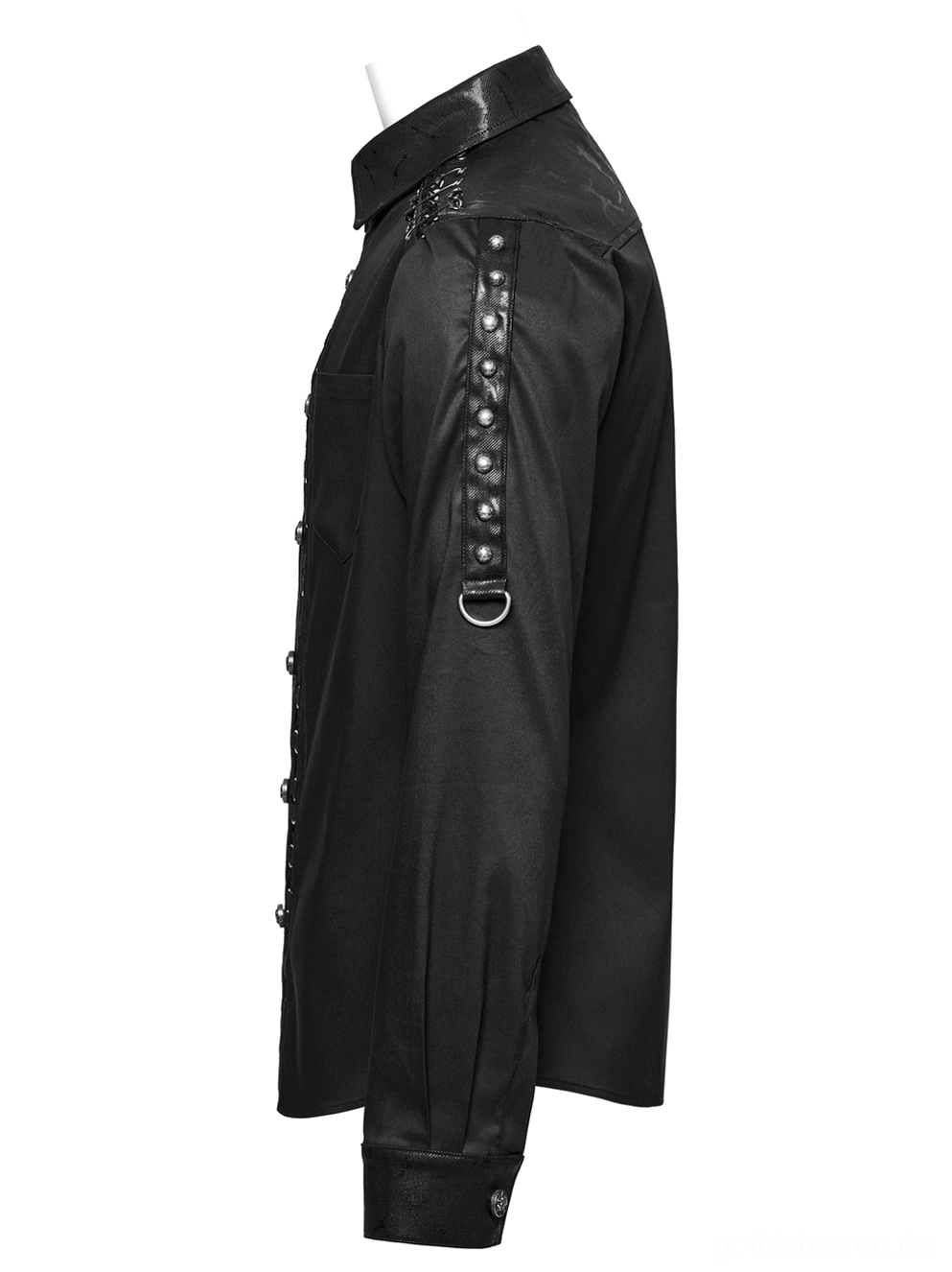 Gothic-Hemd Seitenprofilansicht auf Schaufensterpuppe, zeigt Nieten-Armriemen mit D-Ring und fitted lange Ärmel